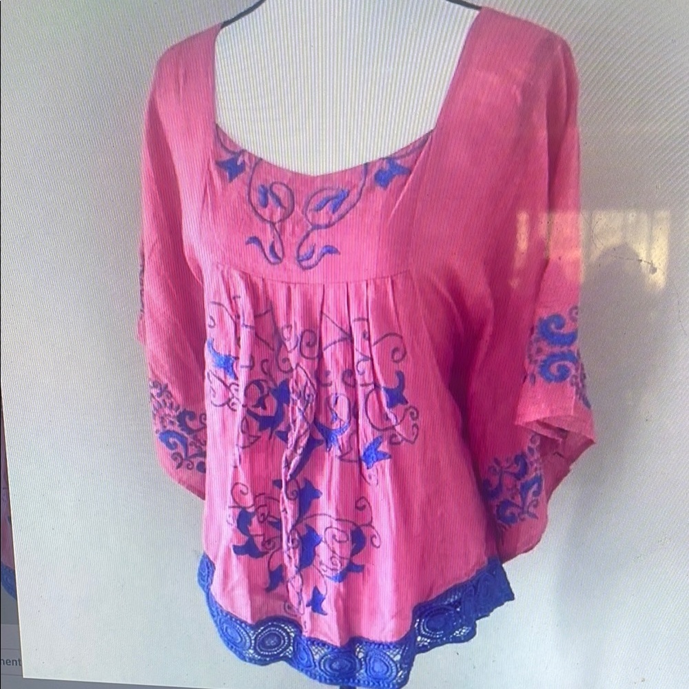 Pink and Blue Embroidered Women's Top